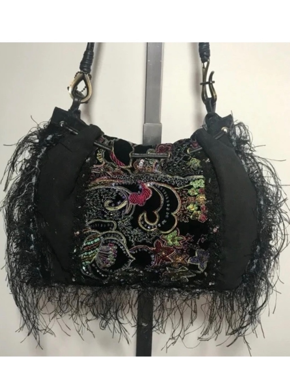 New MARY FRANCES Embroidered Black Beaded Fringe Purse! black purple - Picture 1 of 10